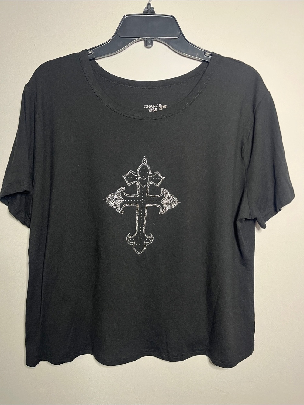 3XL Orange Kiss Black Rhinestone Cross Crop Top